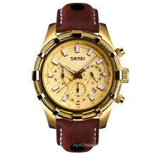 Skmei 9189 high quality luxury gold men leather quartz watch waterproof fashion wristwatch